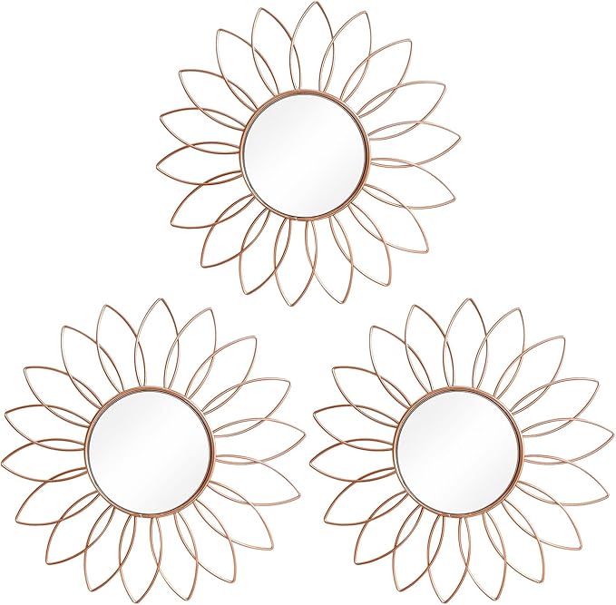 3 Pack Metal Mirrors for Wall Sunburst Wall Mirrors Home Décor Decorative Hanging Wall Art for Living Room Bedroom Entryway (Rose Gold2, Flowers)