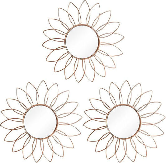 3 Pack Metal Mirrors for Wall Sunburst Wall Mirrors Home Décor Decorative Hanging Wall Art for Living Room Bedroom Entryway (Rose Gold2, Flowers)