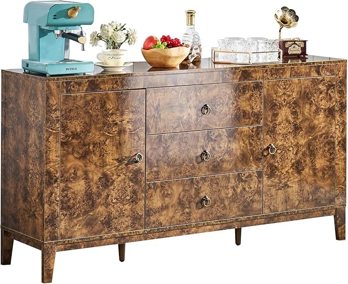AMERLIFE 60" Large High Gloss Burl Buffet Sideboard Cabinet, Wood Sideboard Storage Cabinet with Drawers, Retro Handles, Heavy Duty Coffee Wine Bar Buffet Table for Dining Room, Living Room, Brown