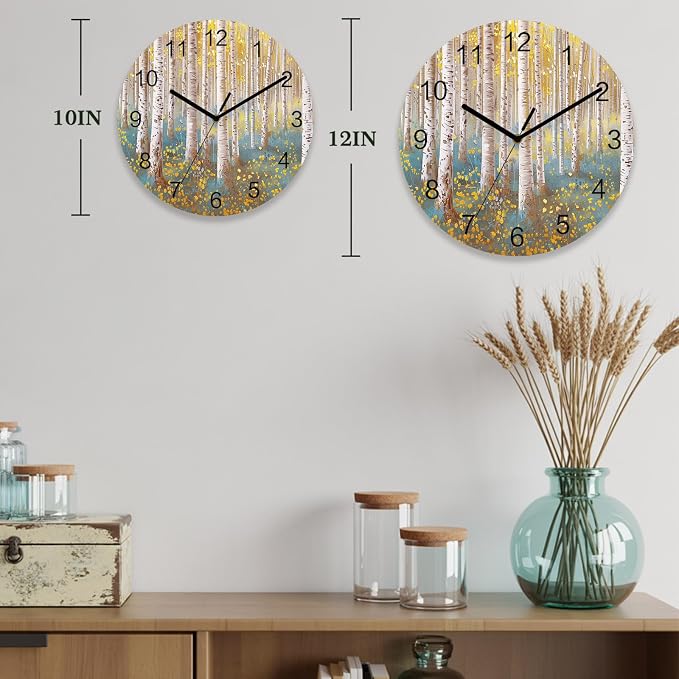 Trees Yellow Blue Forest Painting Art Style Wall Clock Battery Operated Non-Ticking 10" Round Wood Clocks, Kitchen Wall Clock for School Bathroom Living Room Home Office Wall Decor