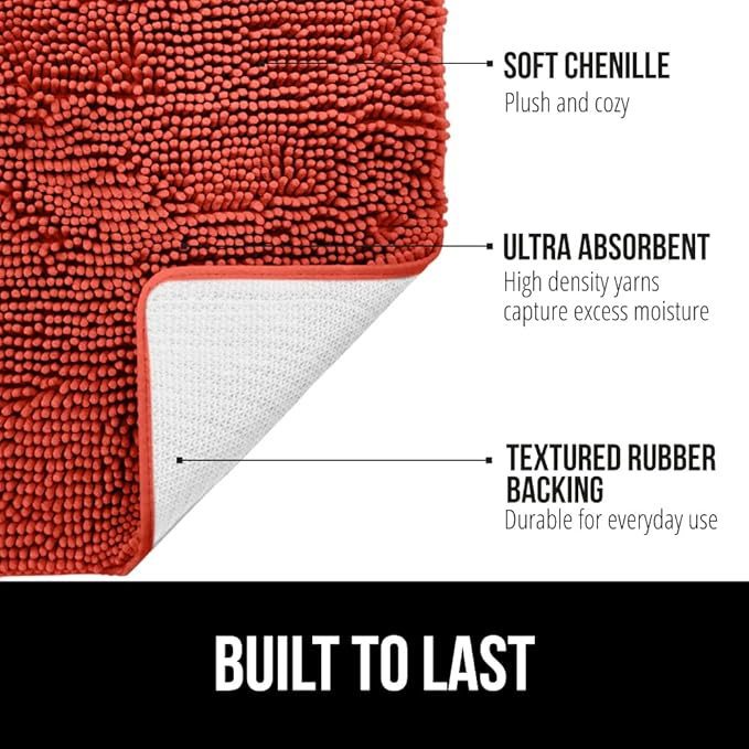 GORILLA GRIP Bath Rug Mat, Thick Soft Absorbent Chenille, Quick Dry Microfiber Mats, Rubber Backing Washable Shower Floor Rugs, US Designed Bathroom Bathmat Home Accessories, 24x17, Sunset Orange