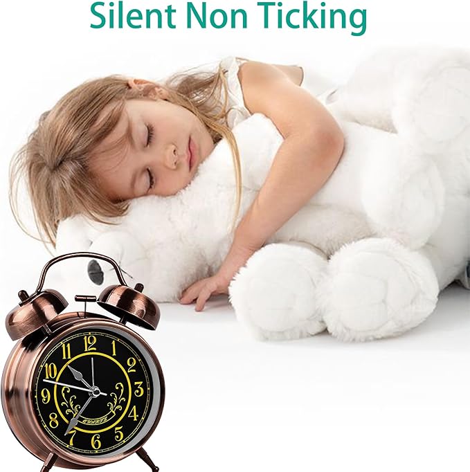 pxy Retro Alarm Clock for Heavy Sleepers 3D Dial Battery Operated (Battery Include), 4" Super Silent Analog Alarm Clock for Kids with Night Light PT260 Silver OrangePT258-6 Red Copper
