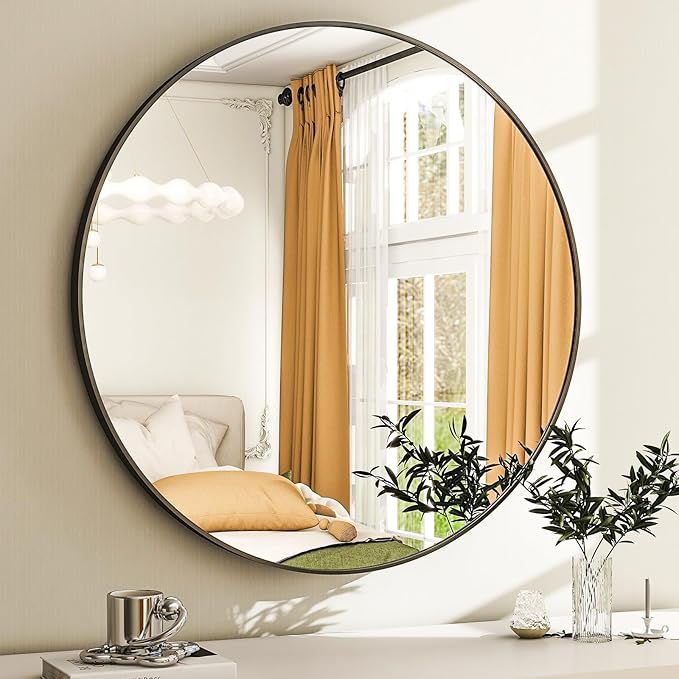 30 Inch Round Bathroom Mirror - Black Wall Mounted Circle Mirror with Metal Frame, Modern Round Hanging Mirror Suitable for Bathroom, Vanity, Entryway, Living Room