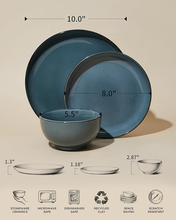 18 Piece Dinnerware Set for 6, Reactive Glaze Terracotta Plates and Bowls Set, Large Family-Sized Stoneware Dish Set for Gatherings, Chip and Scratch Resistant, Jeans Blue