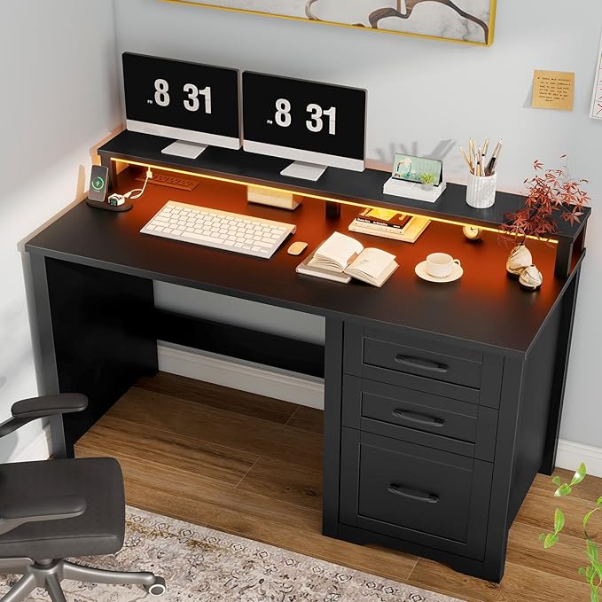 Vabches 47" Farmhouse Executive Desk with Monitor Stand & File Cabinet,3 Drawers Computer Desk with LED Lights and Power Outlets,Workstation for Home Office, Study,Writing.Pure Black