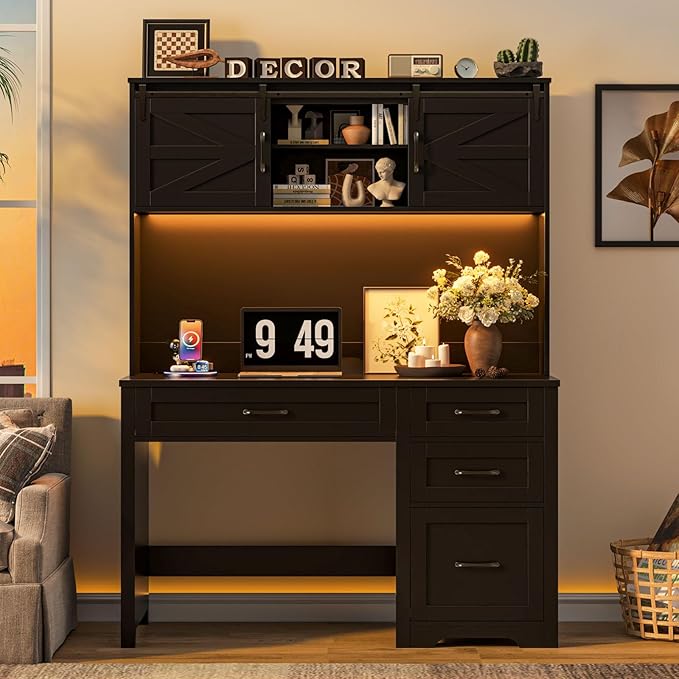 Vabches Farmhouse 67" H Executive Desk with Hutch,Office Table with LED Light and 6 Drawers,Computer Desk with Charging Station,File Drawers and Storage Cabinet,Workstation for Home Office.Black