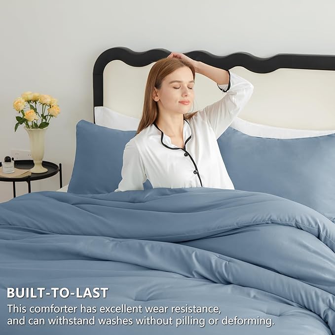 CozyLux Queen Comforter Set Grayish Blue, 3 Pieces Lightweight Comforters Queen Size Bedding Sets, Dusty Blue All Season Solid Down Alternative Comforter with 2 Pillowcases, Bed Set Gift for Home