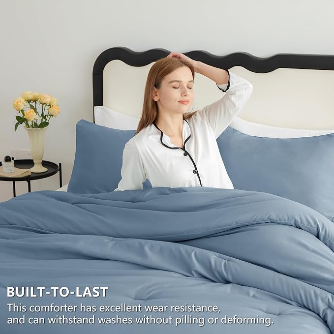 CozyLux Twin Comforter Set College Dorm Essentials, 2 Pieces Grayish Blue Twin Extra Long Solid Bedding Set, Dusty Blue Bed Set with Down Alternative Comforter and 1 Pillowcase, Back to School Gift