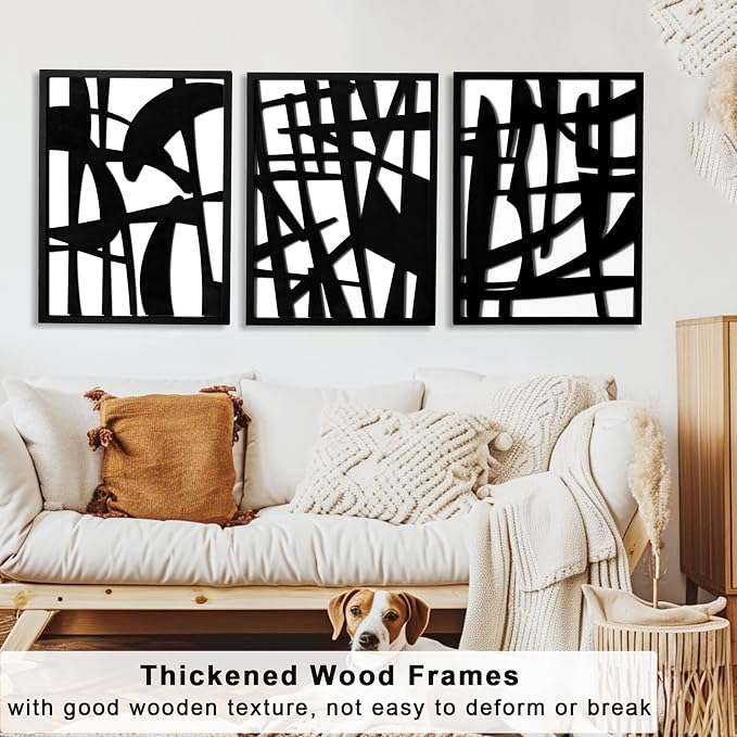 3D Wood Abstract Wall Art, Framed Black and White Wall Art, Modern Minimalist Black Wall Decor for Living Room Bedroom Bathroom Dining Room (Ready to Hang, 12x16 inches, Set of 3, Framed)