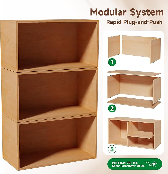 3 Cube Organizer Bookcase, Expandable Storage Shelves, Wooden Open Shelving Unit Book Shelf for Living Room, Office, Bedroom, Mid-Century Style Wood Furniture, Basswood Color (1 Set)