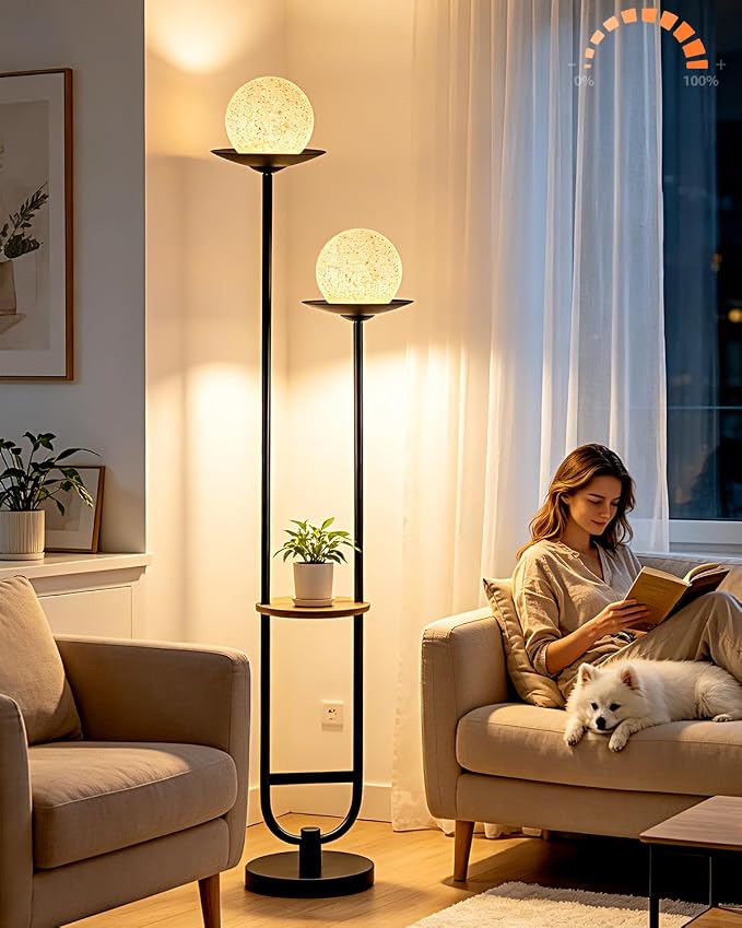 Lightdot 63IN Black Floor Lamp with U Pole, 2 Globe Mid Century Standing Lamps Dimmable with 3000K Warm White LED Bulbs& Grey Shade, Unique Vintage Tall Floor Lamp for Living Room/Wedding/Party