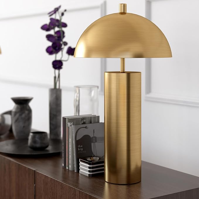 Henn&Hart 27" Mid-Century Modern 1-Light Table Lamp with Gold Metal Dome Shade for Living Room, Bedroom, or Office, Gold
