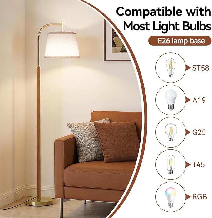SUNMORY Wood Floor Lamp for Living Room, Mid Century Modern Floor Lamp with 3 Color Temperatures Bulb, Arc Standing Lamp with Adjustable Lampshade, Tall Reading Lamp for Bedroom, Corner, Office