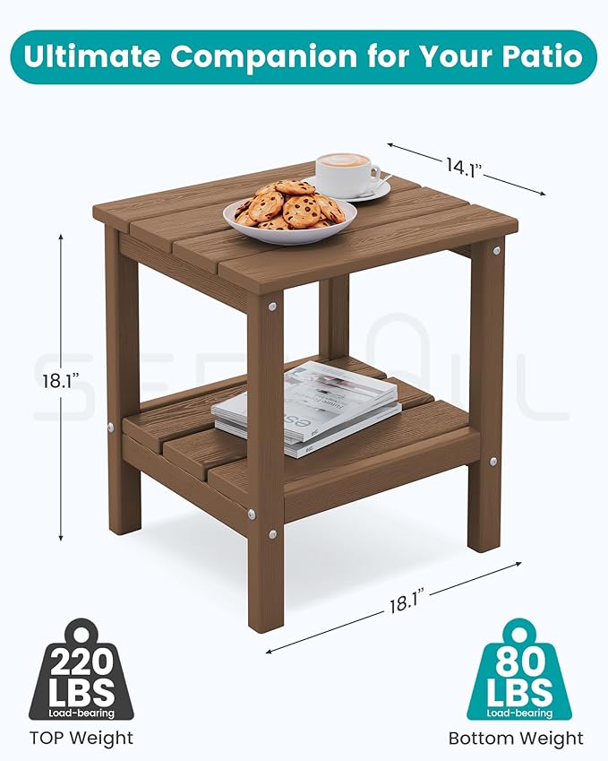 SERWALL 2-Tier HDPE Outdoor Side Tables Set of 4, Weatherproof Rectangular Adirondack Side Table, Brown