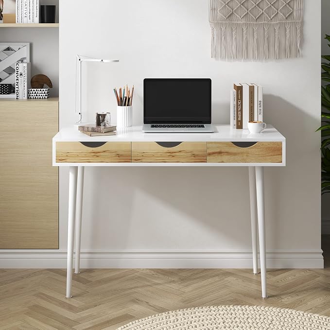 DlandHome Computer Desk with Drawers Mid Century Modern Desk 41.3 Inches Vanity Desk with 3-Drawers, Office Desk with Drawers Writing Desk Study Table Makeup Tables, Bedroom Dresser Table