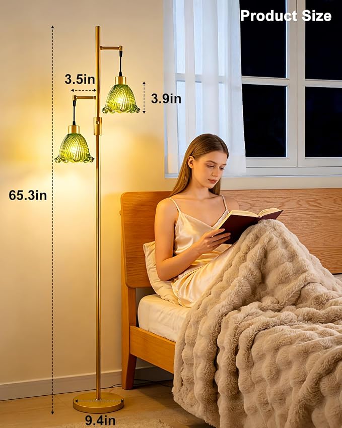 2-Light Modern Glass Floor Lamp, Gold Tall Standing Lamp with Green Bell Glass Shade for Reading, Dimmable LED Floor Lamp with 5Lbs Heavy Base for Living Room Bedroom Home Decor, Bulb Included