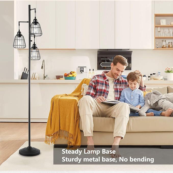 9MMML 68” Living Room Floor Lamp, Industrial Farmhouse 3 Teardrop Cage Standing Lamp,Black Tall Floor Lamp for Bedroom Office, 3 LED Edison Bulbs Included