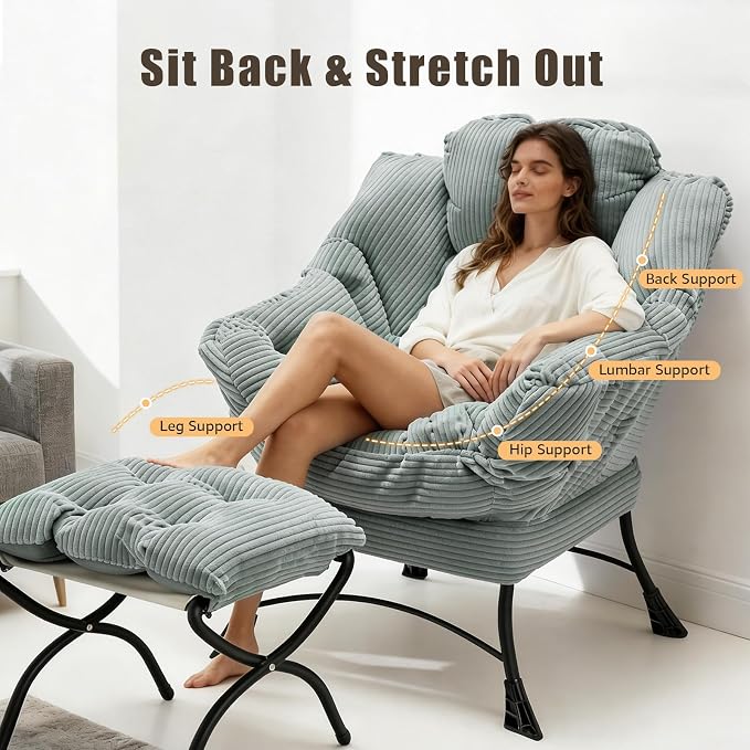 Oversized Lazy Chair with Ottoman for Adults, Chair and Ottoman Set Modern Skinny Lounge Chair with Footrest, Wide Reading Chair for Living Room/Bedroom, Comfy Accent Armchair for Small Spaces, Green