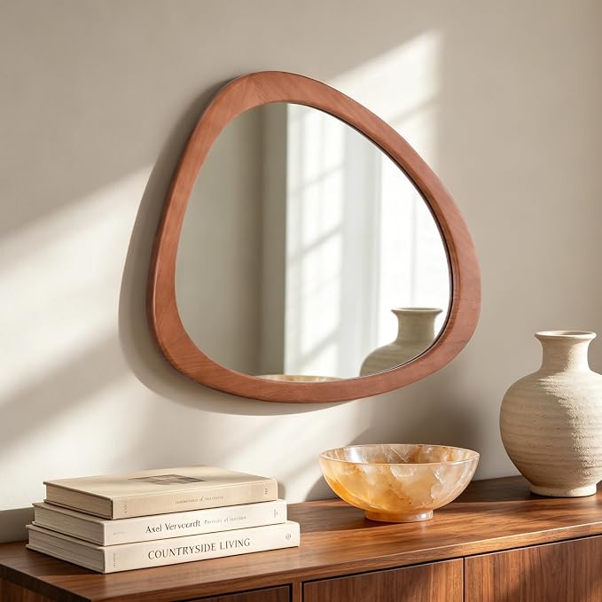 HOMECOOKIN 23.5" H x 19" W Asymmetrical Mirror, Irregular Wooden Wall Mirror for Bedroom, Living Room,Entryway– Mid-Century Modern Decorative Mirror, Solid Wood Frame, Pebble Shaped Design (Walnut)