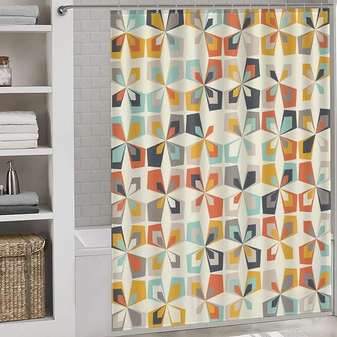 Mid Century Shower Curtain Geometric Retro Rustic Style Pattern Duty Fabric Shower Curtains Set Bathroom Polyester Waterproof with 12 Hooks, 66x72Inch（168x183cm）