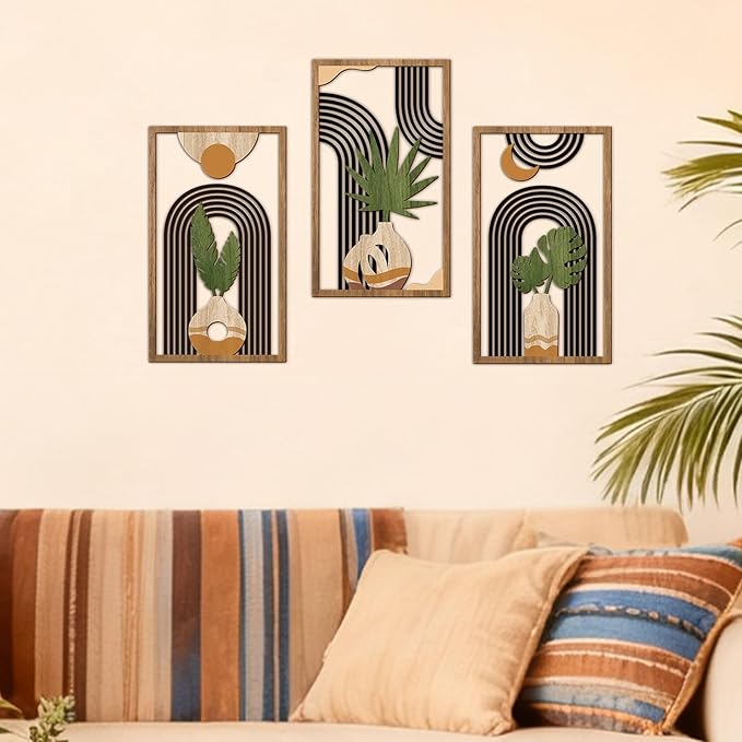 Bnesi 3 Piece Abstract Boho Wall Art Decor Minimalist Modern Wooden Wall Art Mid-Century Modern Wall Art Set of 3 Wall Decor for Living Room Bedroom Bathroom Kitchen (Boho, Medium)
