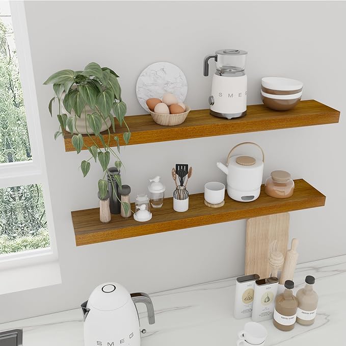 IAE Walnut Floating Wall Shelves 36 inch, Bathroom Shelf Wall Mounted,Invisible Shelving Floating Kitchen Shelf,Wooden Wall Shelves with Brackets for Living Room Wall Mounted,Easy Install,Set of 2