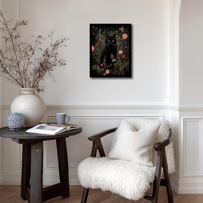Black Cat Wall Art with Wooden Frame, Vintage Floral Cat Painting, Gothic Dark Academia Framed Picture, Antique Moody Cottagecore Wall Decor Print 8x10 Inch