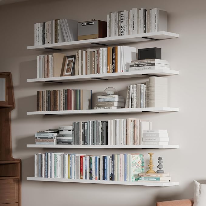 5 Tier Book Shelf,60 Inch White Floating Shelf for Wall,Farmhouse Heavy Duty Large Bookcase,Wall Mounted Bookshelf for Garage