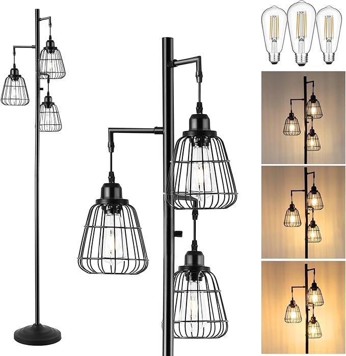 9MMML 68” Living Room Floor Lamp, Industrial Farmhouse 3 Teardrop Cage Standing Lamp,Black Tall Floor Lamp for Bedroom Office, 3 LED Edison Bulbs Included
