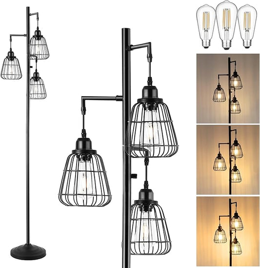 9MMML 68” Living Room Floor Lamp, Industrial Farmhouse 3 Teardrop Cage Standing Lamp,Black Tall Floor Lamp for Bedroom Office, 3 LED Edison Bulbs Included