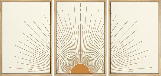 wall26 Framed Canvas Print Wall Art Set Boho Mid-Century Orange Minimal Shining Sun Galaxy Nature Abstract Illustrations Modern Bohemian Decorative for Living Room, Bedroom, Office - 24"x36"x3 Natural