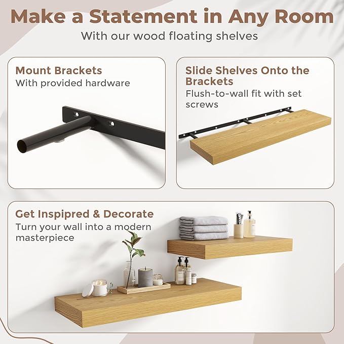 Marsmiles 12" Deep Floating Shelves for Wall with Invisible Brackets, Wall Mounted Engineered Wood Shelves with Wood Grain for Living Room, Bedroom, Kitchen Decor and Storage, 72" L Set of 1, Oak