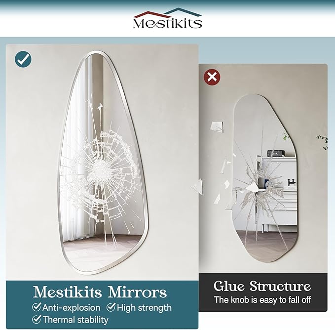 48"x22" Irregular Frameless Oval Wavy Bathroom Entryway Wall Mirror, Asymmetrical 0.59" inch Beveled Mirror with 4MM HD Shatter-Proof Mirror for Living Room. Hung Horizontally or Vertically