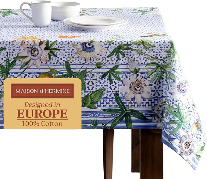 Maison d' Hermine Table Cloth Rectangle Table 100% Cotton 70 x 120 Inches Tablecloth Reusable Decorative for Dining Room Farmhouse Home Valentines Day Decorations Spring Summer - Passiflora