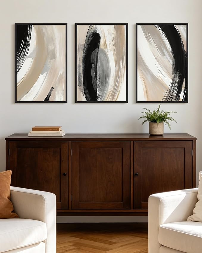 KUVIOKE Modern Abstract Framed Wall Art Black Neutral Minimalist Ink and Wash Graffiti Pastel Wall Decor for Bedroom Living Room 16x24in (Black Framed)