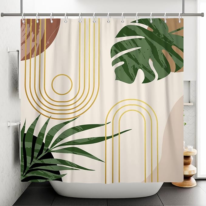 Boho Sage Green Shower Curtain Bohemian Mid Century Geometric Abstract Curve Bathroom Curtain Palm Leaf Polyester Shower Curtain Sets for Bathroom Extra Long 72x84 in with 12 Hooks