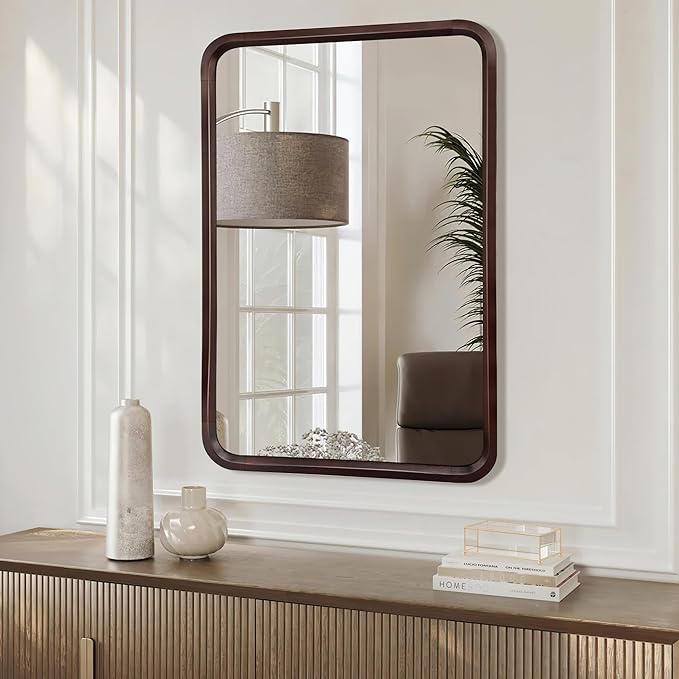 Bathroom Mirror for Wall,Wood Rectangle 24 x 36 inch Hanging Vatiny Tempered Mirrors with Rounded Corner for Living Room,Bedroom,Entryway