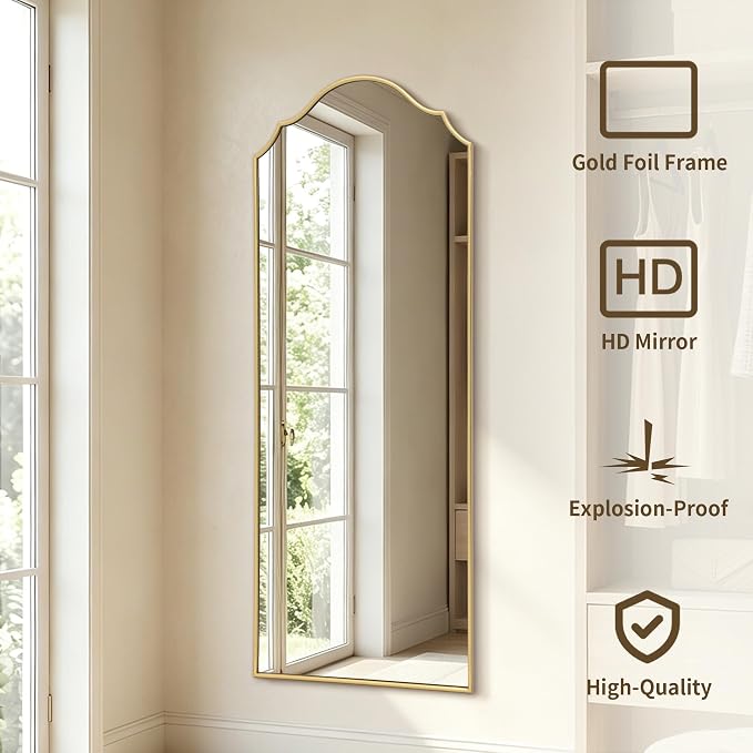 Besdomus Scalloped Full Length Mirror: 21"x56" Gold Arched Floor Mirror - Minimalist Modern Wooden Frame Body Long for Wall/Bedroom/Cloakroom/Entryway/Living Room - Home Decor for Housewife