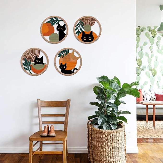TOARTi 4PCS Minimalist Boho Black Cat Wall Art Geometric Wooden Cat Wall Decor Bohemian Black Cats Hanging Sign Abstract Boho Cats Wood Sign Farmhouse Aesthetic Geometric Artwork