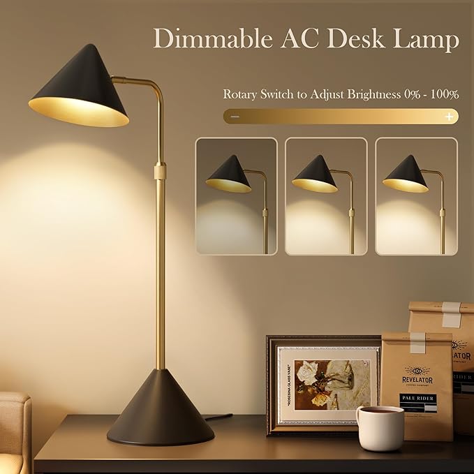 Metal Desk Lamp, 3000k Soft Light Modern Desk Lamp with Dimmer Switch, Adjustable Lighting with Swivel Arm Reading Lamp for Bedside Table, Office Desk, Task Light, Living Room(Black&Gold)