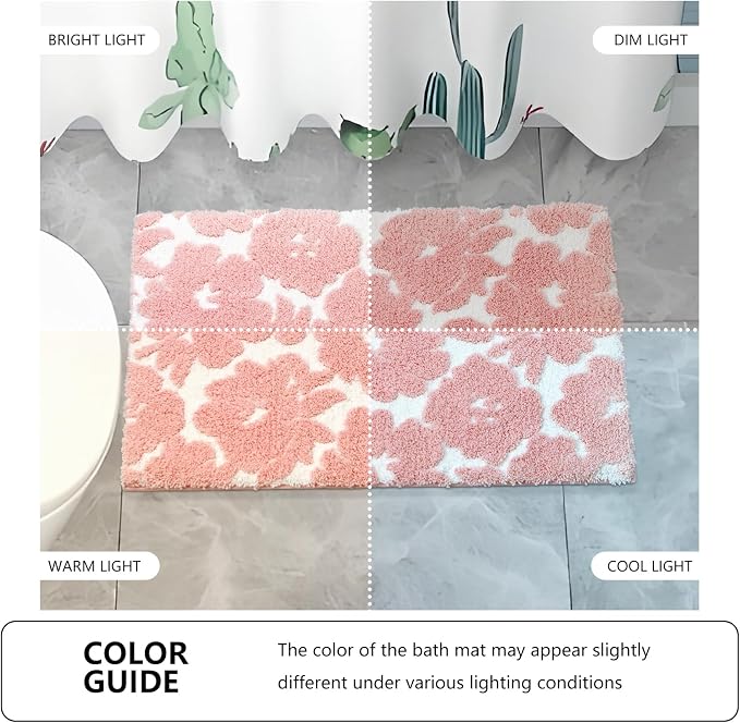 Civkor Pink and White Bathroom Rug, Tufted Flower Bath Mat for Bathroom with Non Slip TPR Backing, Quick Dry Microfiber Surface, Soft and Super Water Absorbent Bath Rug, 24x16Inch