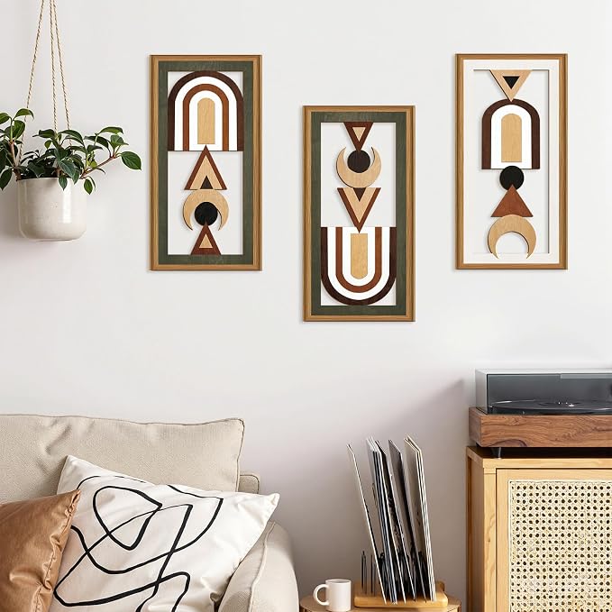 Ausril Geometric Aztec Wall Art,Minimalist Boho Geometric Wall Decor,Abstract Bohemian Wood Decor,Natural Modern Artwork,Mid Century Line Art Set,Modern Geometry Artwork for Living Room Bedroom Office