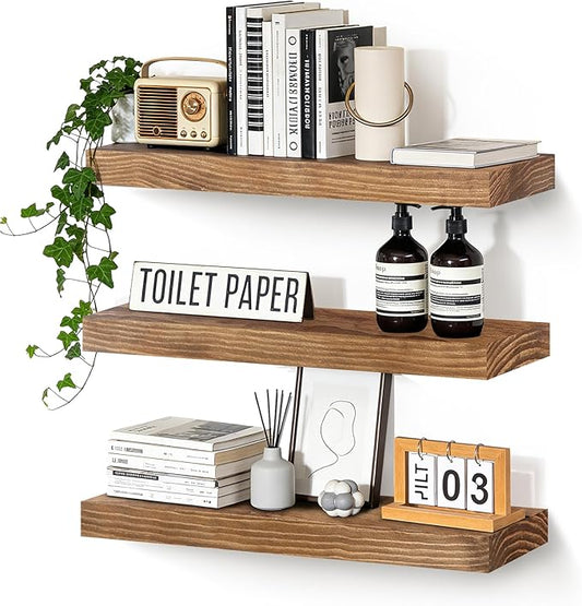 Floating Wall Shelves 24x6.8x1.7 Inch – Solid Wood Rustic Shelves in Dark Oak Finish – Wall Mounted Display Shelf for Bathroom, Kitchen, Bedroom – Set of 3