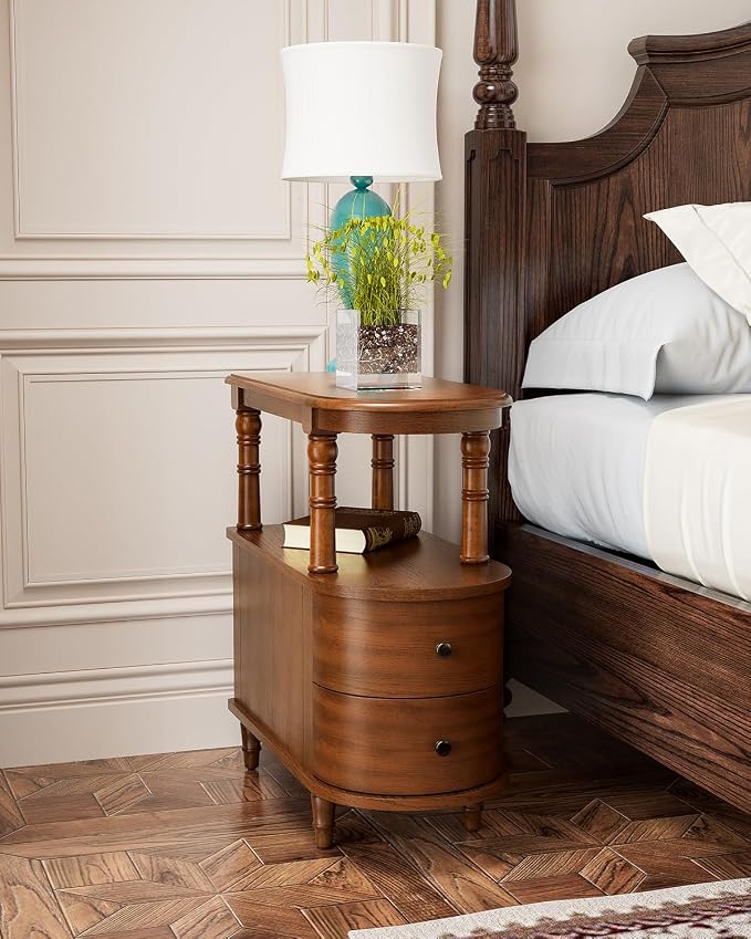Biaco Set of 2 Solid Wood End Tables with 2 Drawers, Cherry Walnut Vintage Sofa Side Tables with Open Shelf,Full Assembly Slim Nightstands for Bedroom Living Room 23.4" Dx11.4 Wx25.3 H, BG-A508-CY
