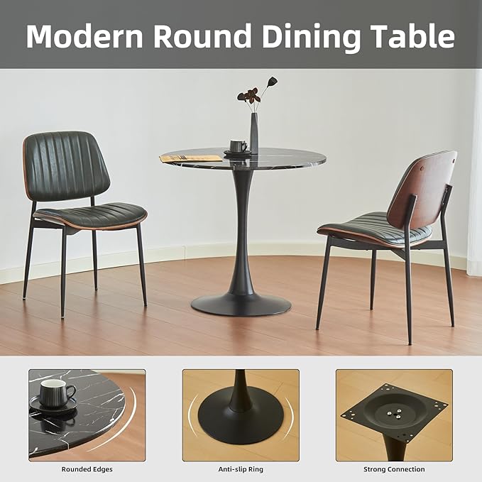 Round Dining Table, 31.5" Circle Tulip Table with Thickened Tabletop & Metal Pedestal, Mid Century Modern Bistro Table for Kitchen, Small Places, Living Room, Cafe (Marble Pattern Black)