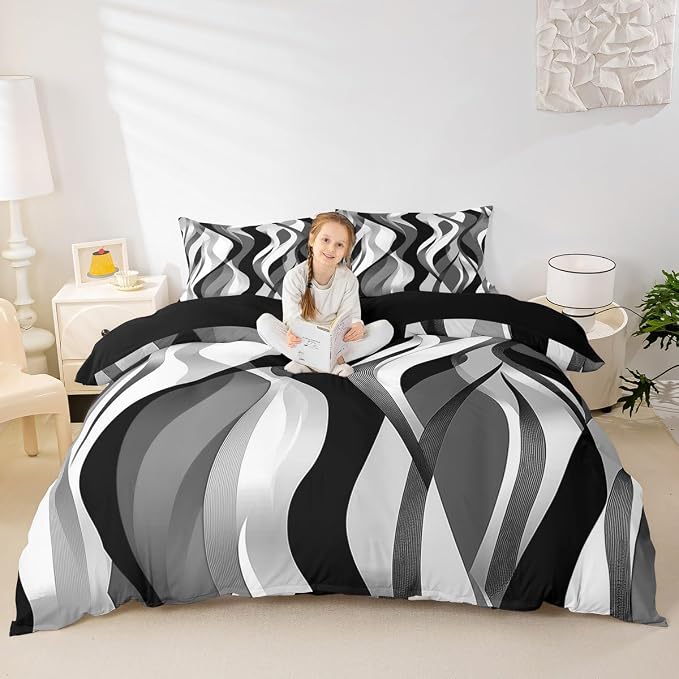 Grey Black Stripes Duvet Cover Set Full Size,Abstract Geometric Comfy Striped Waves Bedding Set,Boys Girls Room Decor,Minimalist Art Style Comforter Cover,Chic Quilt Cover,2 Pillowcases(No Filler)