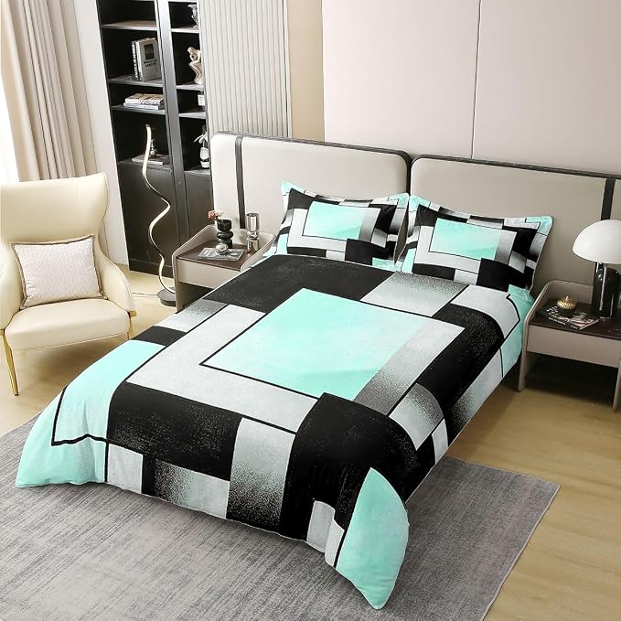 Erosebridal Green Black Geometric Abstract 100% Cotton Duvet Cover Twin Modern Square Striped Bedding Set for Kids Teens Adults Minimalist Art Comforter Cover Contemporary Aesthetic Bed Set 2 Pcs