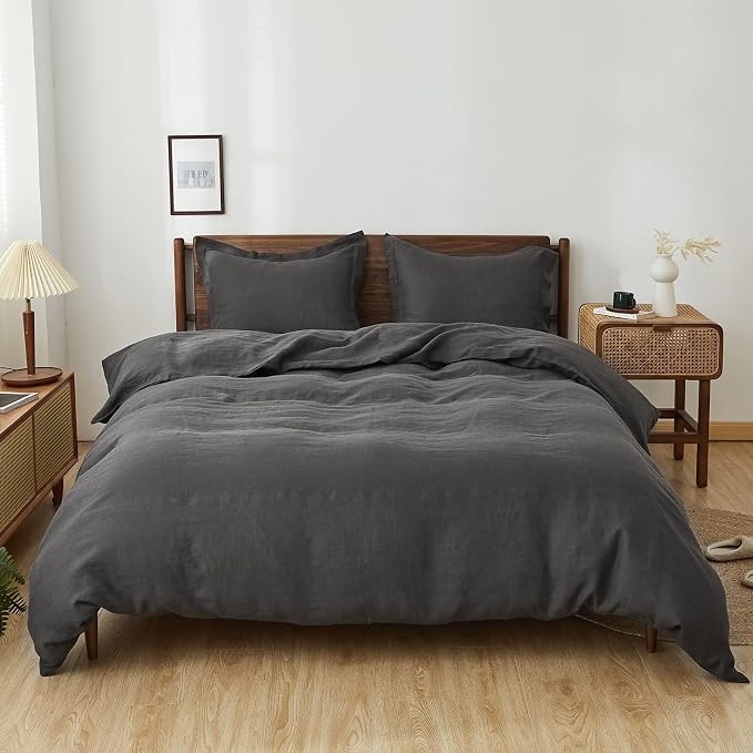 Simple&Opulence 100% Linen Duvet Cover Set, Natural French Flax Dark Grey Duvet Cover Twin Size, Breathable Soft Comfy Linen Bedding Comforter Cover with 1 Pillowcase(Dark Grey, 68"x86")