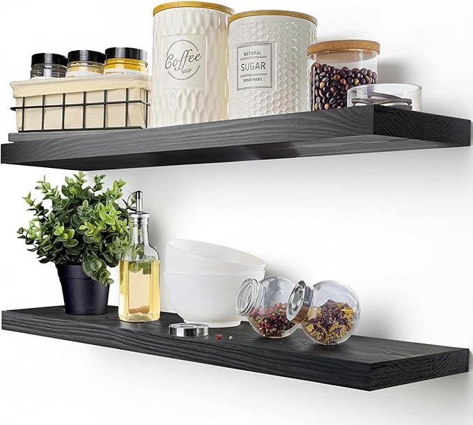 BAOBAB WORKSHOP Solid Wood Floating Shelves for Wall 30 Inches Long, Real Wooden Bathroom Shelf Large, Heavy Duty Wall Shelves Mounted Kitchen Bedroom, Black Shelf, 30W × 6.7D, Set of 2