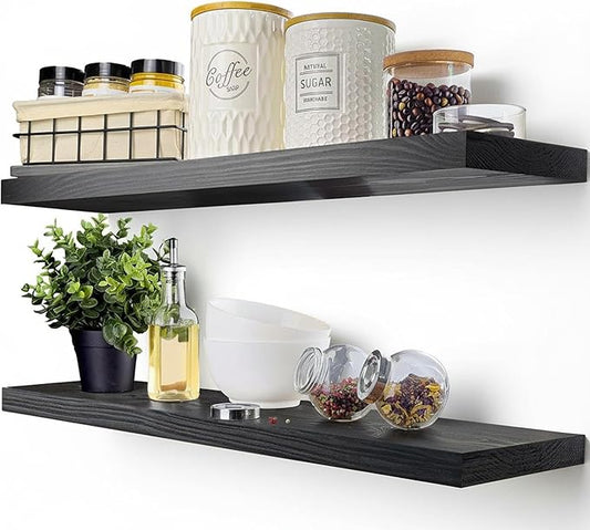 BAOBAB WORKSHOP Solid Wood Floating Shelves for Wall 30 Inches Long, Real Wooden Bathroom Shelf Large, Heavy Duty Wall Shelves Mounted Kitchen Bedroom, Black Shelf, 30W × 6.7D, Set of 2